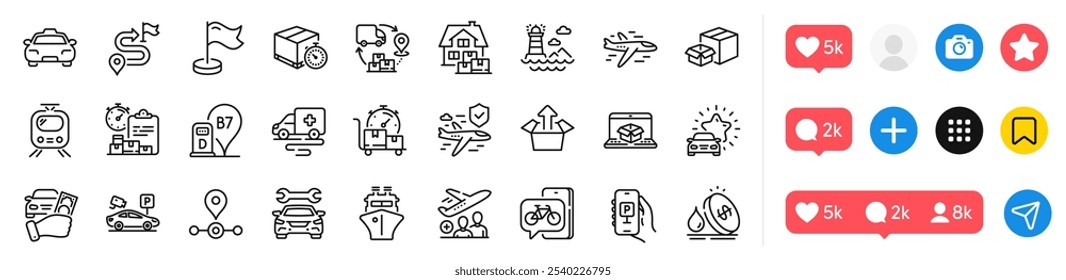 Paquete de iconos de línea de avión, avión y caja de envío. Iconos de redes sociales. Hito, pasajero, alquiler de coches icono de Web. Temporizador de entrega, informe de entrega, pictograma de seguridad de estacionamiento. Vector