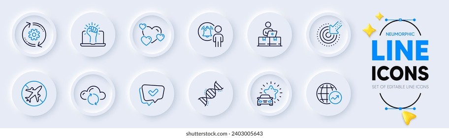 Car review, Chemistry dna and Targeting line icons for web app. Pack of Airplane mode, User notification, Heart pictogram icons. Approved, Online storage, Cogwheel signs. Cloud sync. Vector