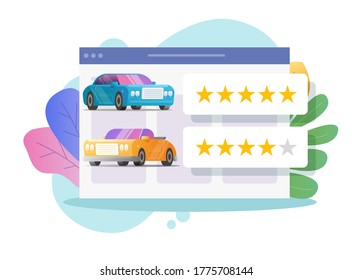 Car review rating online or automobile digital testimonial feedback and customer reputation internet web shop vector flat colorful icon, vehicle rental shop rank or test drive auto access