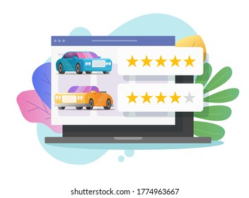 Car review rating online on laptop computer or automobile testimonial feedback and customer reputation internet web shop on pc vector flat colorful, vehicle rental shop rank or test drive auto access