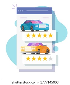 Car review rating online on mobile web screen or automobile testimonial feedback page, customer reputation internet shop vector flat icon, vehicle rental shop rank or auto access template