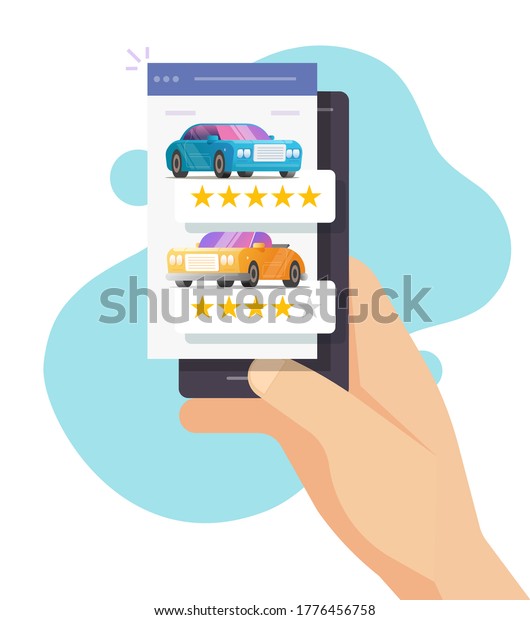 Car review rating online on person mobile phone or\
automobile testimonial feedback, customer reputation internet web\
shop on smartphone vector flat, cellphone vehicle rental shop rank\
or auto access