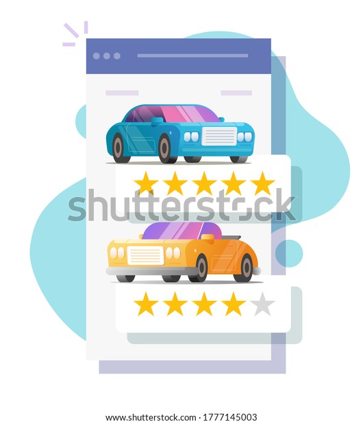 Car review rating online on mobile web screen or\
automobile testimonial feedback page, customer reputation internet\
shop vector flat icon, vehicle rental shop rank or auto access\
template