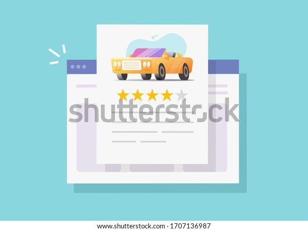 Car review reputation text online website or\
automobile testimonial feedback and customer rating internet web\
page vector flat cartoon, vehicle rental shop rank or test drive\
auto access modern design