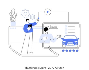 Car review video abstract concept vector illustration. Car review, test-drive video channel, online auto advertising, comparing features, model information, features overview abstract metaphor.