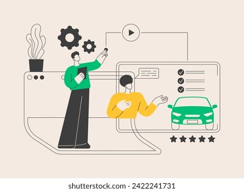 Car review video abstract concept vector illustration. Car review, test-drive video channel, online auto advertising, comparing features, model information, features overview abstract metaphor.