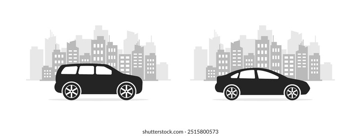 Car ride around the city illustration. Flat and silhouette style. Vector icons.