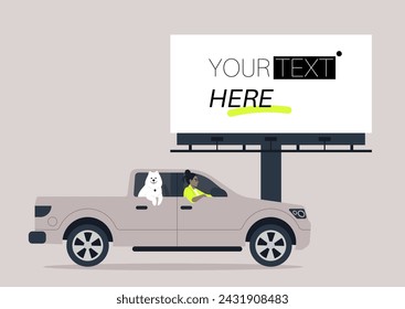 Car ride With a Furry Companion Beside a Blank Billboard, A daily drive with a dog in the passenger seat of a pickup, a spotlit advertising banner with a copy space