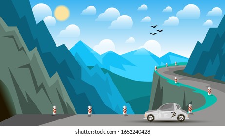 a car rides along the road to the tunnel among the mountains and cliffs, against the sky with the sun, clouds and flying birds. Mountain landscape. vector