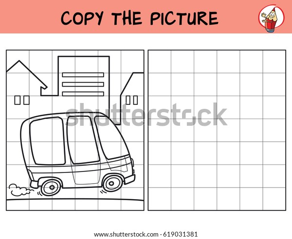 The car rides down the street. Copy the\
picture. Coloring book. Educational game for children. Cartoon\
vector illustration