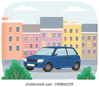 Car rides on an asphalt road against the background of tall buildings of the city landscape. Vehicle with tinted windows. Convenient mean of transportation, modern blue minicar in cityscape