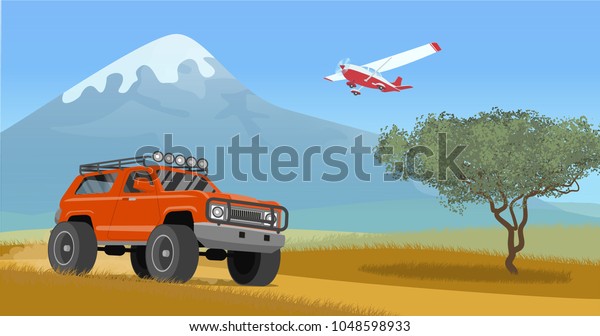 The car rides on a dirt road in the\
savannah. Vector\
illustration.