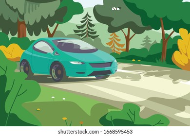 Car rides on forest road vector illustration. Modern vehicle on rural highway with beautiful landscape flat style design. Summer holidays travel concept