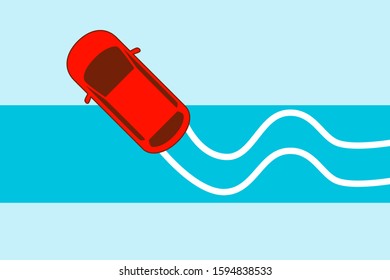 The Car Rides On A Slippery Road. Winter Accident. Flat Design. Vector Illustration