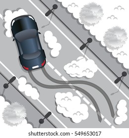 The car rides on a slippery road. View from above. Vector illustration. 