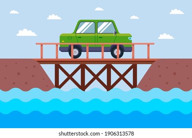 the car rides on a wooden bridge across the river. flat vector illustration.