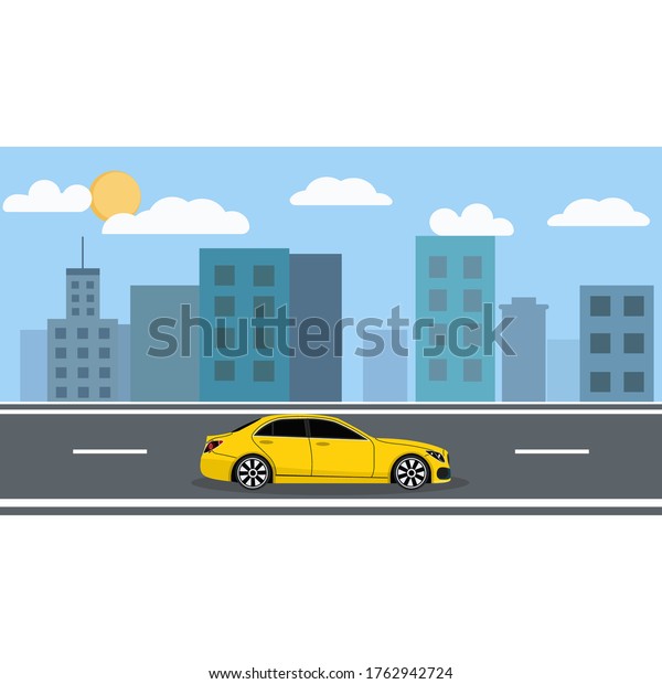 The car rides through the\
middle of the city. Blue city and sunny day with clouds. The yellow\
car