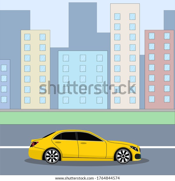 The car rides through the\
middle of the city. Blue city and sunny day with clouds. The yellow\
car