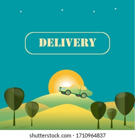 The car rides uphill around the sky, trees and the sun. Top inscription Delivery