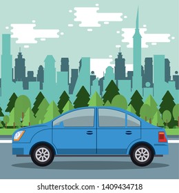 Car riding in the city scenery with buildings, vehicle and cityscape. vector illustration graphic design