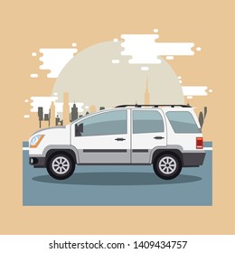 Car riding in the city scenery with buildings, vehicle and cityscape.