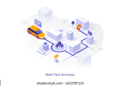 Car riding on city map with streets and buildings, departure and arrival points, route indication, pop-up messages. Concept of taxi, cab booking service. Modern colorful isometric vector illustration.