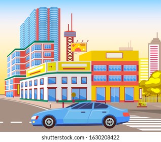 Car riding on city road vector, realistic cityscape with houses and towers. Skyscrapers and billboards for advertisement, vehicle on street transport