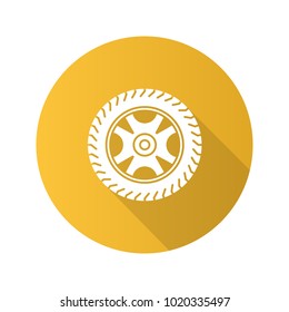 Car rim and tire flat design long shadow glyph icon. Automobile wheel. Vector silhouette illustration