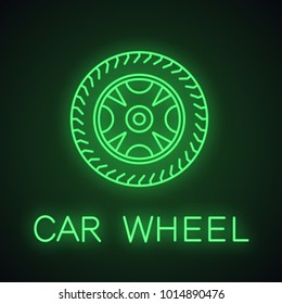 Car rim and tire neon light icon. Automobile wheel. Auto workshop glowing sign. Vector isolated illustration