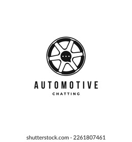 Car rims with chat bubble automotive talk, discussion logo vector icon minimal design illustration