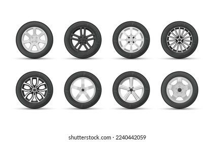 Car rims rubber wheel set side view realistic vector illustration. Automobile drive protection aluminum steel tyre transportation circle equipment different shape isolated. Machine metal detail