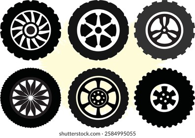 Car rims and wheels. Automobile rims silhouette, round vehicle wheel, industry pictogram. Cargo auto transport tires. Motor service and maintenance workshop poster and banner on media and web. EPS 10.