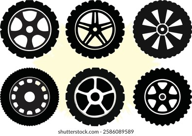 Car rims and wheels. Automobile rims silhouette, round vehicle wheel, industry pictogram. Cargo auto transport tires. Motor service and maintenance workshop poster and banner on media and web. EPS 10.