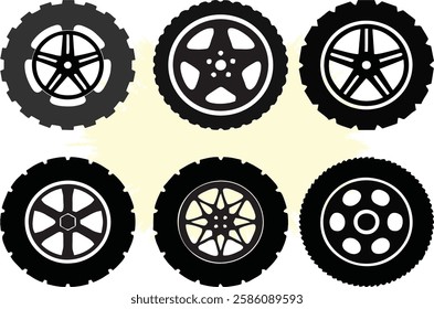 Car rims and wheels. Automobile rims silhouette, round vehicle wheel, industry pictogram. Cargo auto transport tires. Motor service and maintenance workshop poster and banner on media and web. EPS 10.