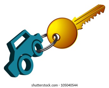 car ring and key on the same ring against white background, abstract vector art illustration