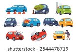 Car risks. Auto insurance cases of traffic collision, pedestrian hit, vehicle theft, rolling over and cars damage. Road accidents and wrecked vehicles cartoon vector illustration set.