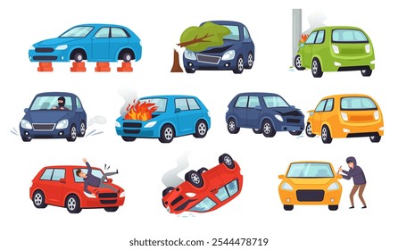 Car risks. Auto insurance cases of traffic collision, pedestrian hit, vehicle theft, rolling over and cars damage. Road accidents and wrecked vehicles cartoon vector illustration set.