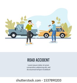 Car Road Accident. Banner For Motor Insurance. Guy Calling Emergency By Cell Phone. Another Guy Taking Picture On His Mobile Phone. Flat Vector Illustration.