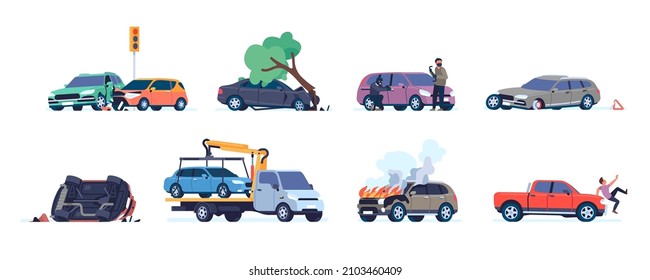 Car road accident. Different situations with wrecked vehicles. Evacuator picks up car. Automobile crashes and knocking pedestrian. Thieves steal auto. Vector transport