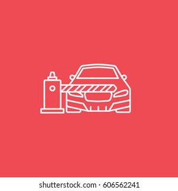 Car And Road Barrier Line Icon On Red Background