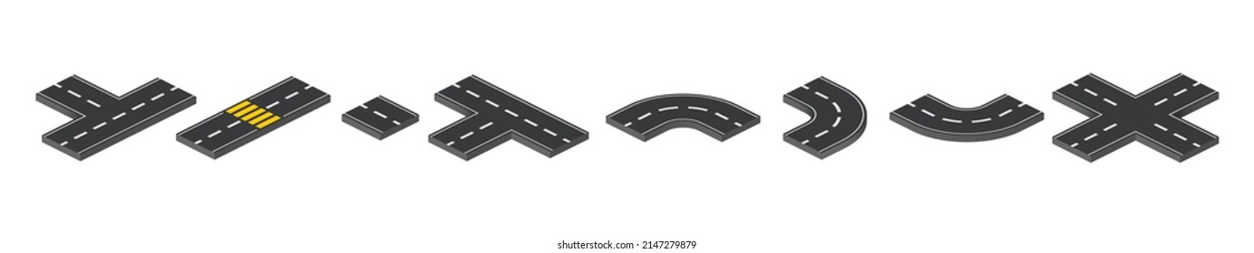 Car road, highway and street isometric map elements. Vector set of game terrain tiles with texture of asphalt path. Junction, turn and intersection road segments isolated on white background