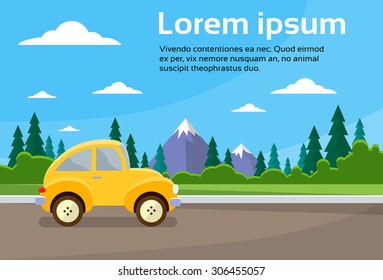 Car Road Landscape Mountain Flat Vector Illustration