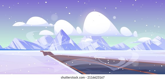 Car road to mountains on snow valley in winter. Vector cartoon illustration of landscape with empty asphalt highway, white rocks on horizon, snowfall and clouds in sky