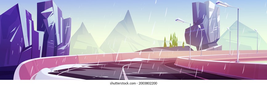 Car road in mountains at winter. Vector cartoon landscape of rocks and highway with street lamps and concrete fencing. Illustration of overpass road with cement barrier and snow