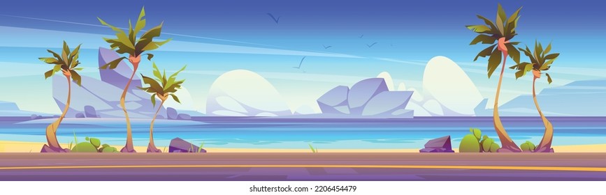 Car road on sea coast with palm trees, islands with mountains in water. Summer tropical landscape of sand ocean beach and asphalt highway, vector cartoon illustration