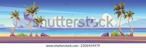 Car road on sea coast with\
palm trees, islands with mountains in water. Summer tropical\
landscape of sand ocean beach and asphalt highway, vector cartoon\
illustration