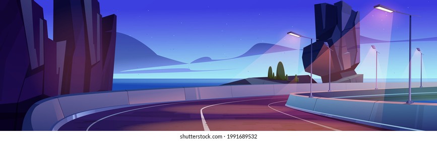 Car road on sea shore at sunset or sunrise. Vector cartoon landscape of ocean shore, mountains and highway with street lamps and concrete fencing. Summer seascape with road and rocks on coast