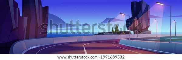 Car\
road on sea shore at sunset or sunrise. Vector cartoon landscape of\
ocean shore, mountains and highway with street lamps and concrete\
fencing. Summer seascape with road and rocks on\
coast
