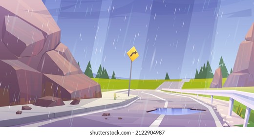 Car road, rocks and green fields in rain. Vector cartoon illustration of summer landscape with mountains, meadows, coniferous trees on horizon and asphalt highway with puddle at rainy weather