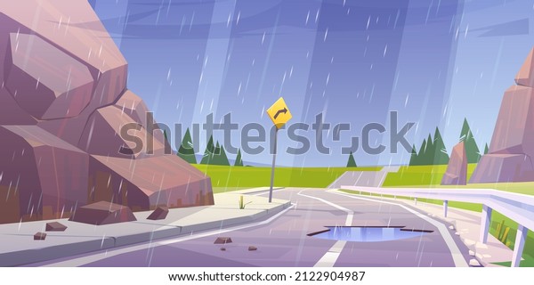 Car road, rocks and green fields in rain. Vector\
cartoon illustration of summer landscape with mountains, meadows,\
coniferous trees on horizon and asphalt highway with puddle at\
rainy weather
